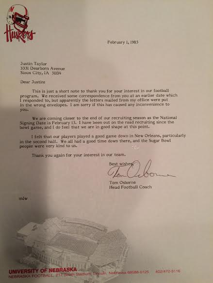 Happy 78th birthday to legend Tom Osborne. Here\s a letter he wrote me in 1985. I\m sure he remembers it: 
