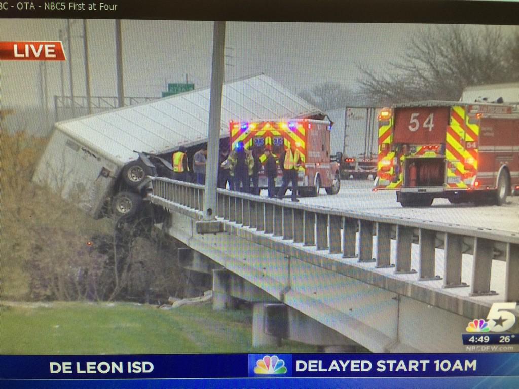 Meredith Land on Twitter "BREAKING Semi dangling over bridge. I45