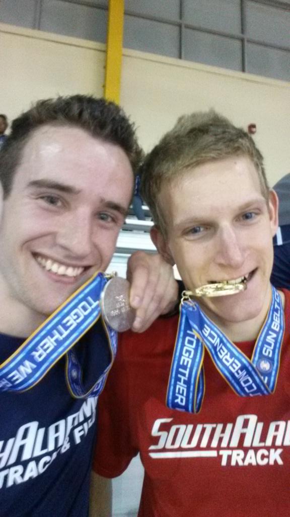 TheOGBenchBoys's tweet photo. “@ChrisGraf_runs: South Alabama 1-2 in the 3000m at @SunBelt indoors!! #roommatesweep #301pride http://t.co/WCJGbH3ba8”