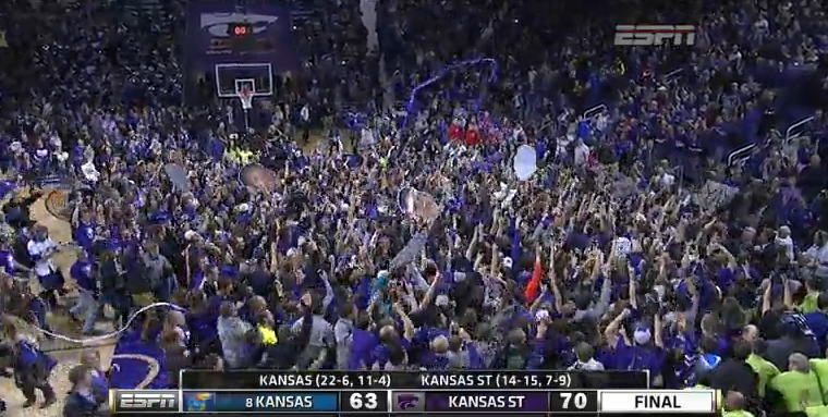SportsCenter's tweet photo. They're storming the court in Manhattan! Kansas State goes wild after upsetting No. 8 Kansas in rivalry game, 70-63. http://t.co/QqjU1tomDH