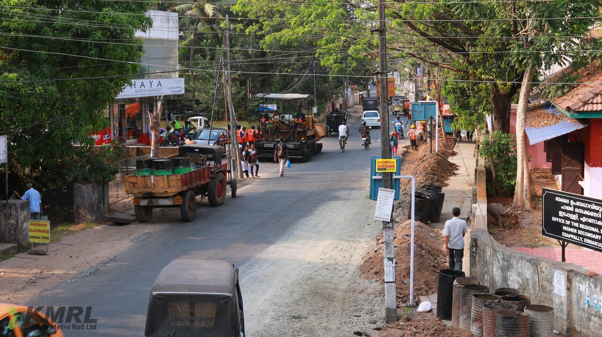 KMRL initiated road repairing works progressing at at Edappally Raghavan Pilla Road.