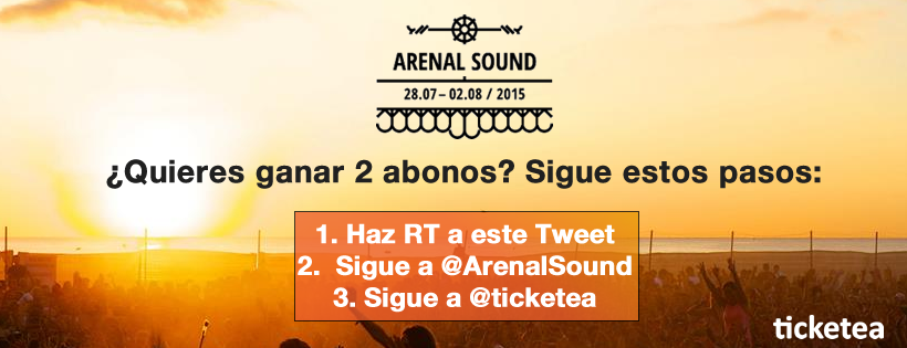 ticketea's tweet photo. ¿Quieres ganar un abono doble para el @ArenalSound 2015? ¡Sigue estos pasos y mucha suerte! #TripleteFest http://t.co/nvcUf0hlqX