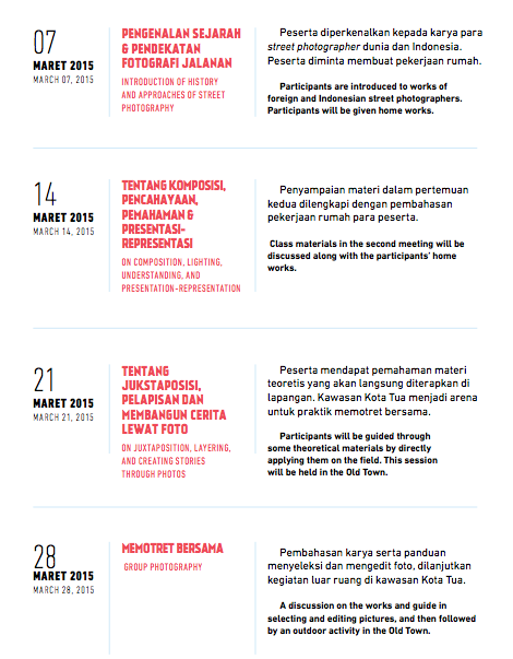 Materi dan jadwal lengkap kelas #StreetPhotography di <a href="/salihara/">Salihara Arts Center</a>.