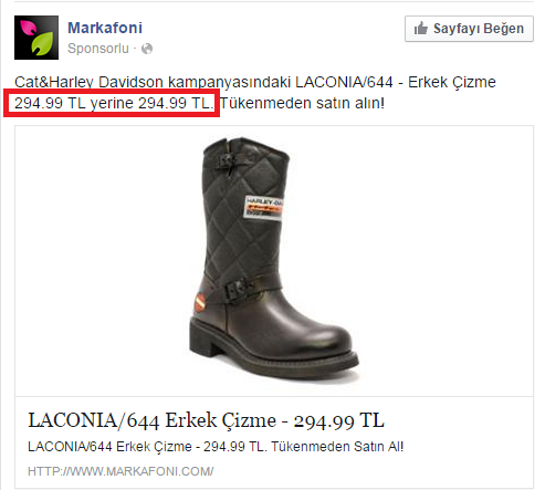 Fırsata bak 294,99 TL yerine 294,99 TL. @Markafoni cidden bu fırsat kaçmaz :) <a href="/UXTurkiye/">UX Türkiye</a>