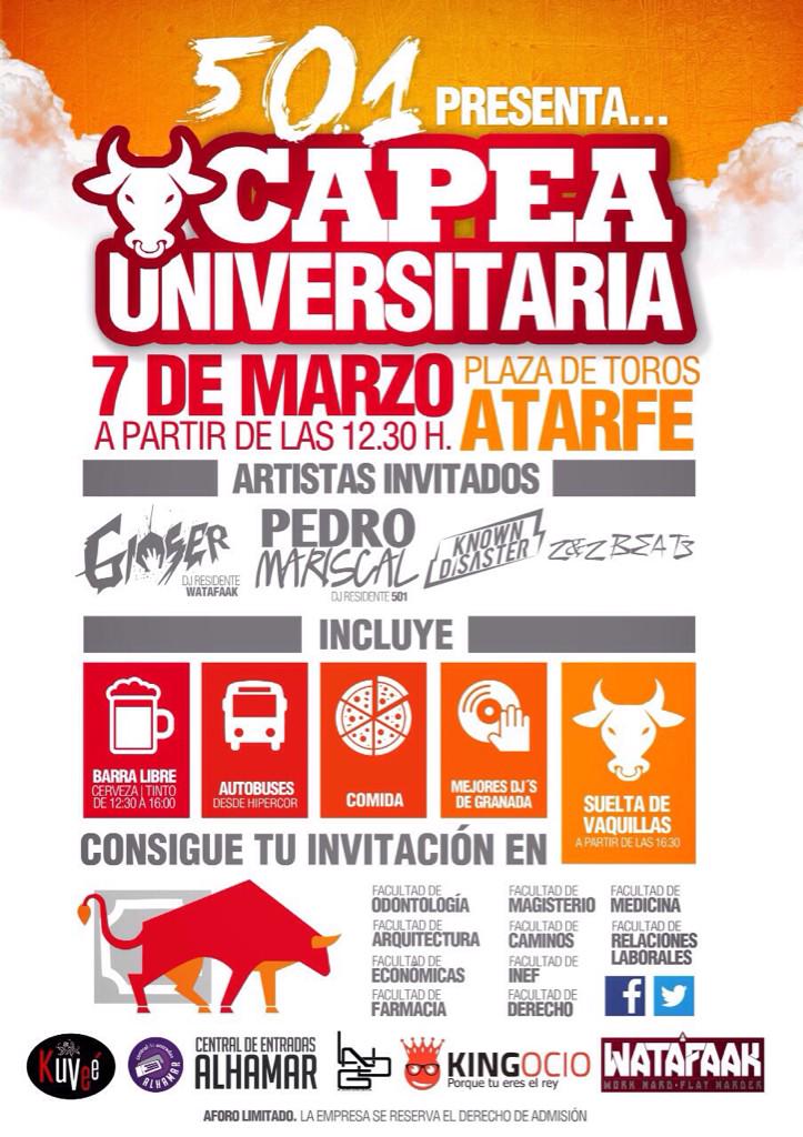 FprimaveraGR's tweet photo. Os recordamos q la capea universitaria, va con vaquillas!! No dejes escapar tu invitación!! #capeauniversitaria501 💃💃 http://t.co/Y2n6WpwZCa