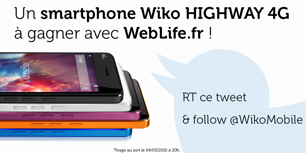 WebLifeFr's tweet photo. Je joue avec @WebLifeFr &amp; @WikoMobile pour gagner le Wiko HIGHWAY 4G ! http://t.co/4dBqn7GOl4 #Concours #WebLife3 http://t.co/ffuG3eynBj