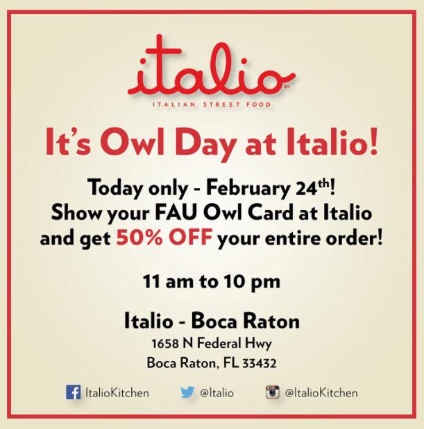Today <a href="/Italio/">Fanio</a> is having an "Owl Day"! Present your owl card and get 50% off from 11AM-10PM!!