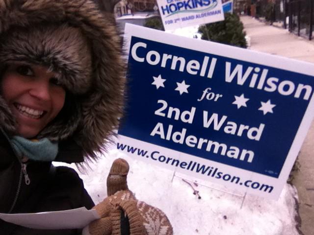 maximumbeth's tweet image. Campaign selfie. Go @teamcornellw! #freezing #awkwardthumbsup #chicagovote