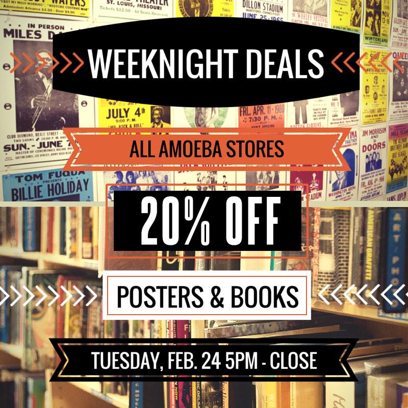AmoebaBerkeley's tweet photo. Today only! From 5pm to close get 20% Off all posters and books at all 3 Amoeba stores. #WeeknightDeals http://t.co/dPBGbYXgP1