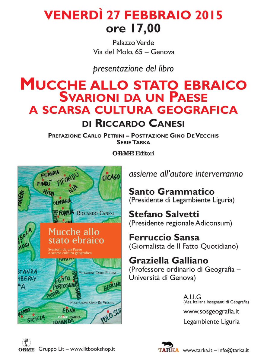 SOSGeografia's tweet photo. Il 27 febbraio a Palazzo Verde-Genova presenterò "Mucche allo stato ebraico" con Sansa,Grammatico,Salvetti, Galliano http://t.co/MqT4iKPaJU