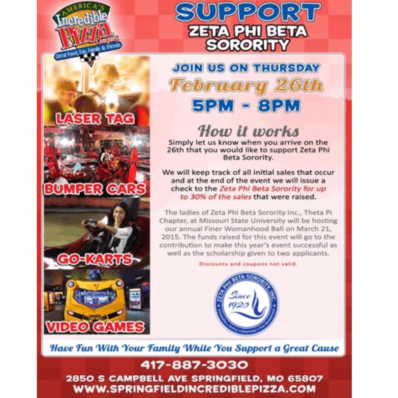 Come out this Friday and support the <a href="/MoStateZetas/">Theta Pi Zetas 🕊</a> at incredible pizza for some good fun!! #Lazertag #gokarts #games