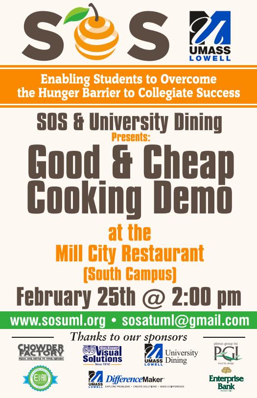 SOS_UML's tweet image. Check out the SOS Cooking Demo on Wed. the 25th. Email sosatuml@gmail.com to sign up - Space is limited!