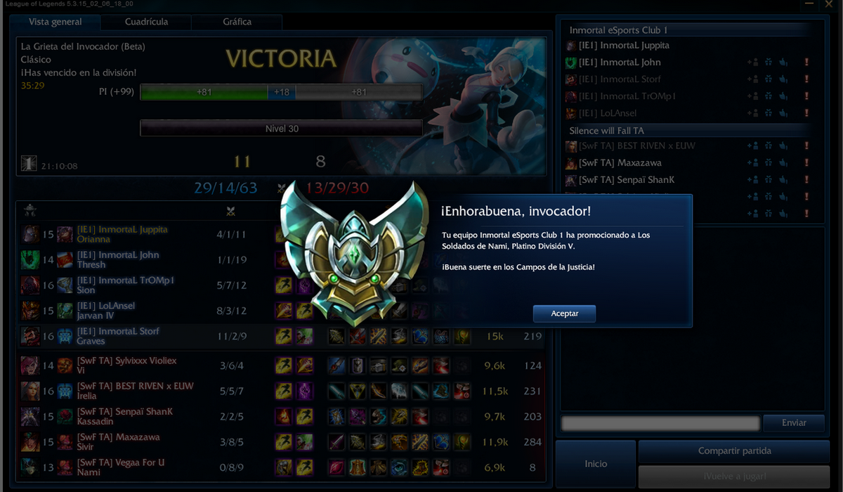 InmortaL_LoL's tweet photo. PLATINO V !! @InmortaL_LoL @InmortalClub @LoLAnsel @TrOMp1LoL @santimillang @Johnluckin @Juppita_sgr @Inufirot http://t.co/GtLU1QlXve