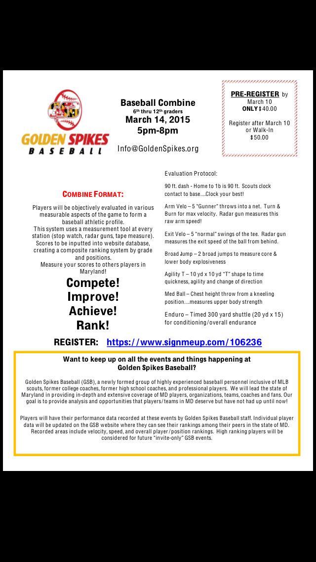 GoldenSpikesBB's tweet photo. DON’T FORGET the March 14 Combine! You can STILL Pre-Register with info below. For baseball players 6th-12th grade! http://t.co/PBwugerhdp