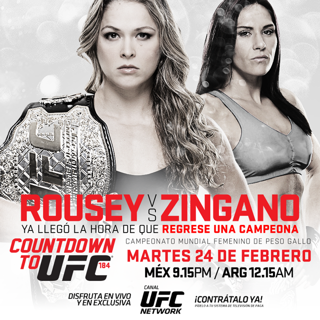 AdrenalinaSN's tweet photo. ¡Ya llegó la hora de que regrese una campeona! #CountdownToUFC184 #Rousey VS #Zingano hoy a las 9:15pm. http://t.co/kR26mj5hEB
