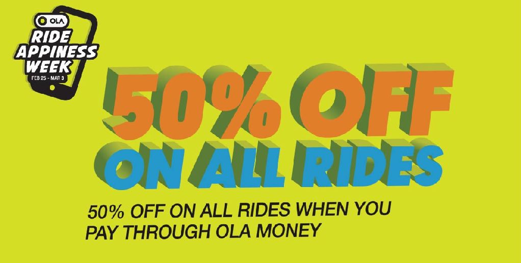 Peeps, 50% OFF on your cab rides when you pay with Ola money. Only on the app! #APPinessWeek