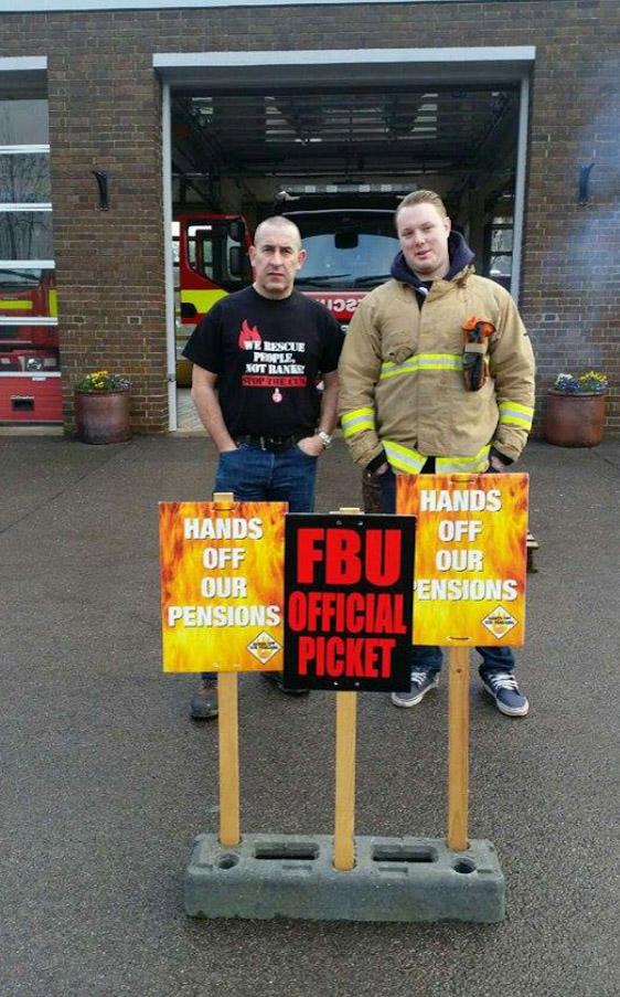 SuffolkFBU's tweet photo. Haverhill #fbupicket line standing strong. Well done #UnityIsStrength #Solidarity #NotGoingAway #NoMoreLies http://t.co/C4ezjxp8xp