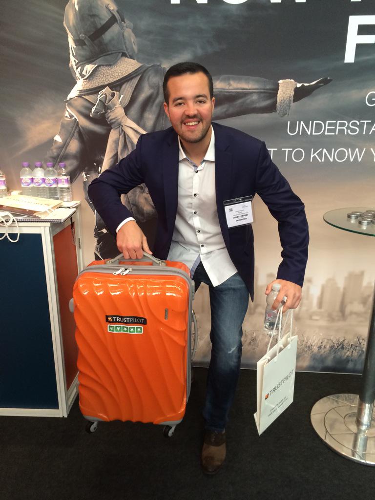 Trustpilot's tweet image. .@RannsD of #Flexitech guessed the correct kg of our case @TravelTechEU &amp;amp; could WIN an iPad! #GetAWeigh @ T310!#TTE15