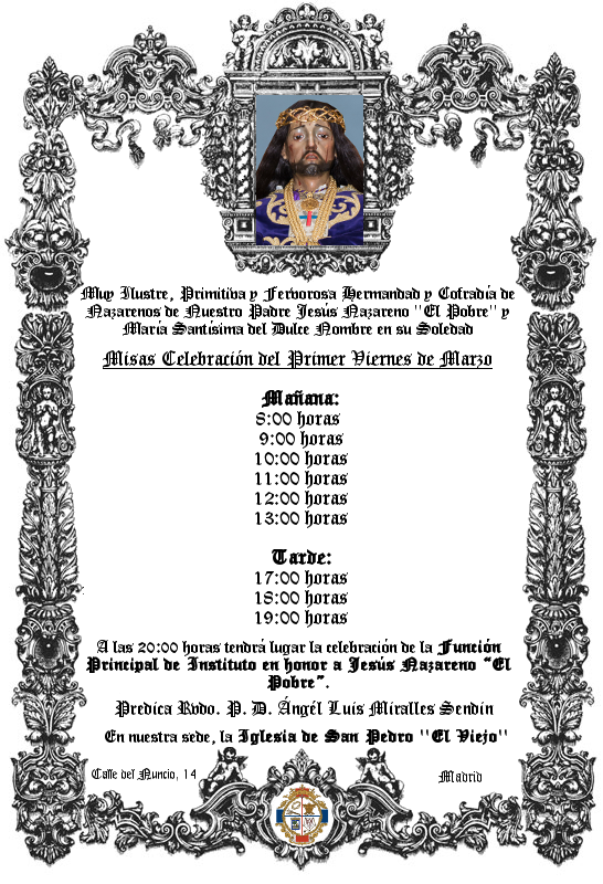 Horario de Misas de la Celebración del Primer Viernes de Marzo (Viernes 6 de Marzo del 2015).