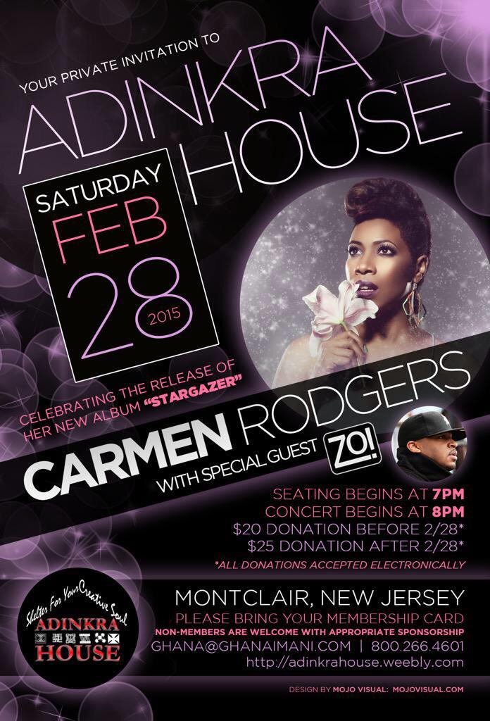 AdinkraHouse's tweet image. THIS SAT 2/28 @CarmenRodgers at @AdinkraHouse #Lhttp://t.co/TgBN4htGnO password is housemate @MontclairTimes
