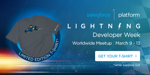 SalesforceDevs's tweet image. [LIMITED EDITION] Lightning Dev Week shirts available at your local meetup! #lightningdevweek sforce.co/1vd5nP2