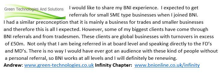 'My biggest clients have come from #BNI' Thank you green-technologies.co.uk @BNISamlesbury  #MyBNIstory #lancashire