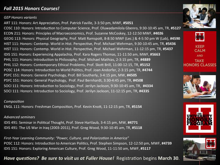 HonorsProg's tweet photo. Here is a list of the Fall 2015 honors courses offered! http://t.co/Ls5BiTOd6J