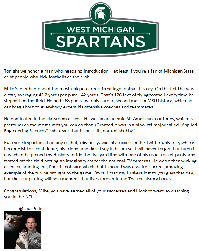 WMISpartans's tweet photo. After a great #SWT2015, the tributes keep pouring in for @Sadler_3, this time from his friend @FauxPelini http://t.co/qi3mHCPkdl