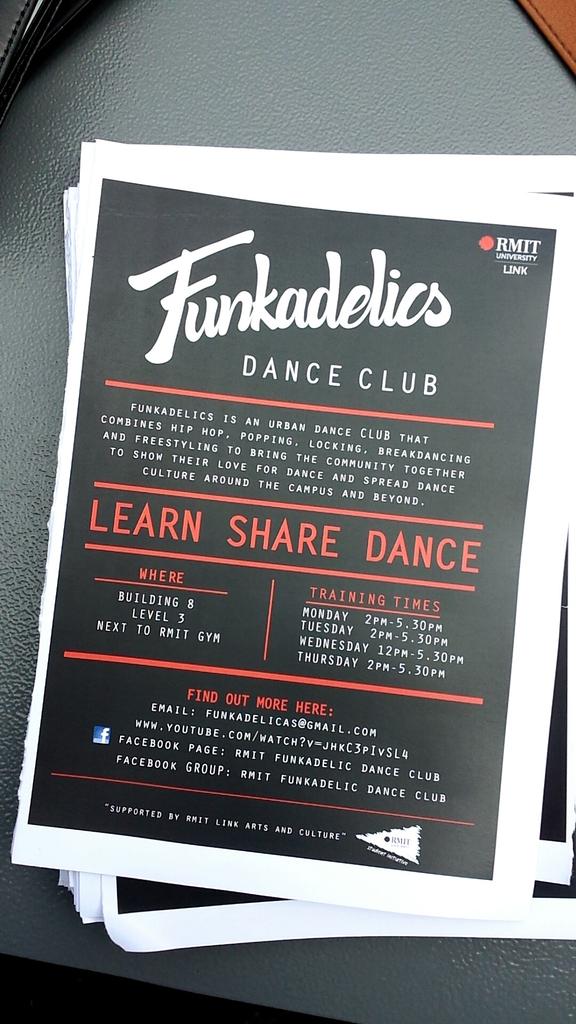 FUNKADELICSrmit's tweet photo. Get one of our fliers and join our club #RMITGetStarted #Melbourne #dance #RMIT #FUNK5 http://t.co/bBgVp9bMbH