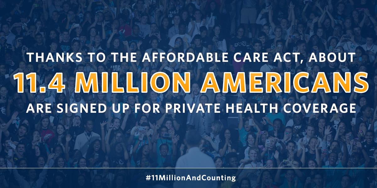 ObamaWhiteHouse's tweet photo. President Obama: "We’ve signed up 11 million people to get coverage through the Affordable Care Act." #ObamaTownHall http://t.co/6jHpLezy7z
