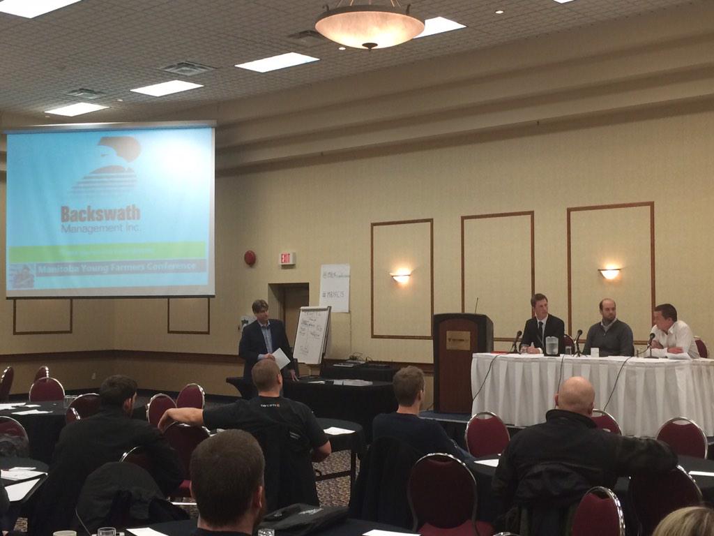 Backswath's tweet photo. #MBYFC15 panel discussion. @FarmLifeMB @ashhavenfarms @KrahnDustin #proudfarmers #proudsponsor #Farmmanagement http://t.co/8s3csmvES9