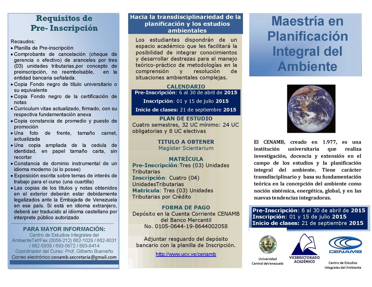 cenambucv's tweet photo. Buenas tardes comienzan pre inscripciones Maestría Planificación Integral del Ambiente http://t.co/gZbaB9siG4