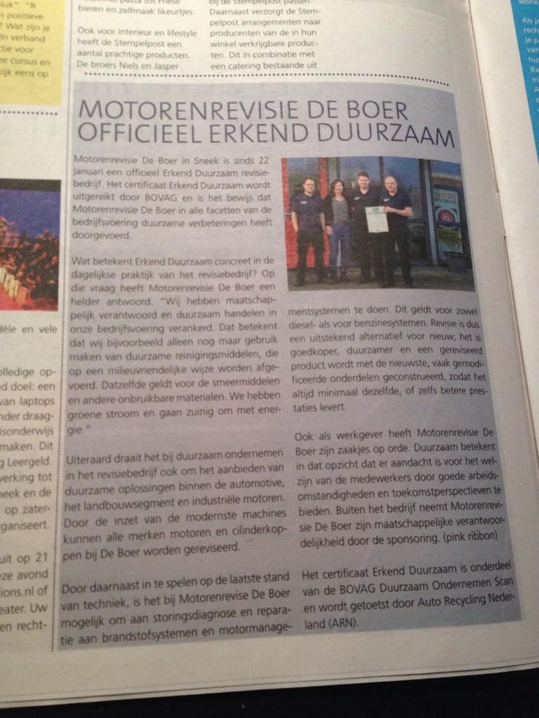 Vandaag in de papieren versie van @grootsneek een leuk artikel over onze certificering als 'Erkend Duurzaam' bedrijf!