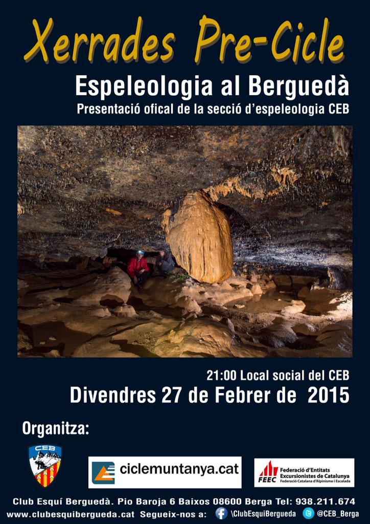 CEB_Berga's tweet photo. Aquest divendres a les 21h al local del #CEB l'ultima xerrada Pre-Cicle: ESPEOLOGIA AL BERGUEDÀ
@FEEC_cat #Berga http://t.co/iKs0RfryoM