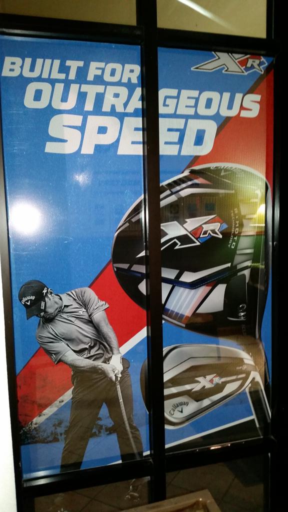 BuddyGolfdom's tweet photo. New @CallawayGolf window artwork installed @GolfdomGolf!!  #Outrageousspeed #XR http://t.co/mbkUqcyLon