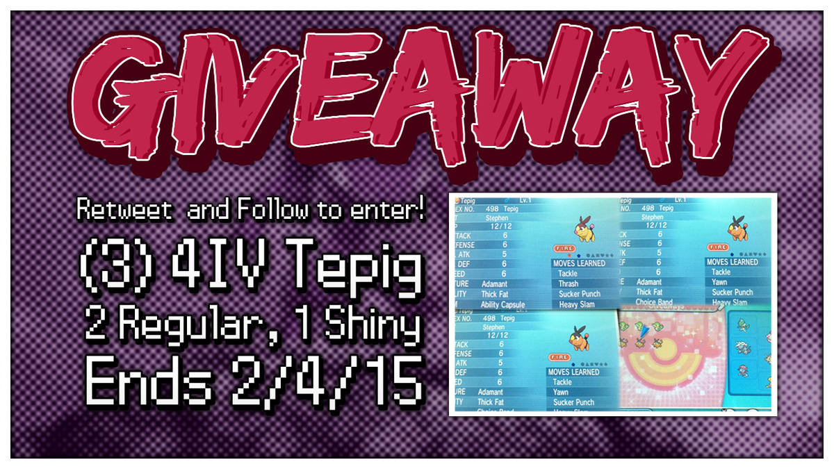 Genesected's tweet photo. New Giveaway!  Giving away 3 4IV Tepigs! (1 of which is shiny!) More info in the pic. Simply RT &amp; FOLLOW to enter! http://t.co/b8nExlN8TN
