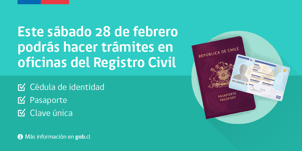 Haz tus trámites en febrero. El Registro Civil abrirá de forma excepcional este sábado s.gob.cl/1FUbZ8U
