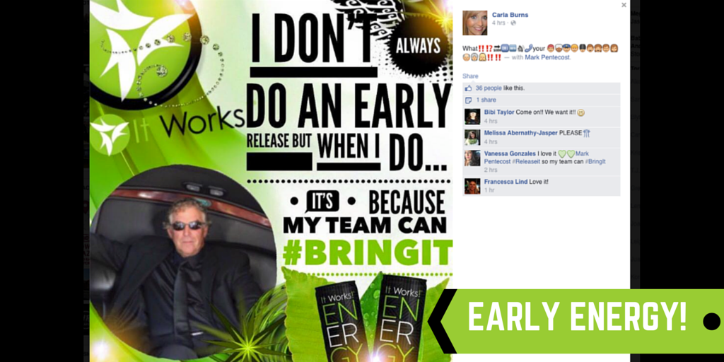 thecarlaburns's tweet image. Invite your friends to like the It Works! Facebook page! #hacktheENERGYsupply buff.ly/1zJnLMf