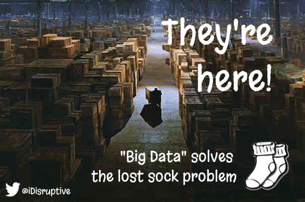 JonMicFriedman's tweet photo. "Big Data" solves the "lost sock" problem @bigdatadebate @peterxing @DataSciJ @davidimportio @duncan3ross http://t.co/9dxKShMowm