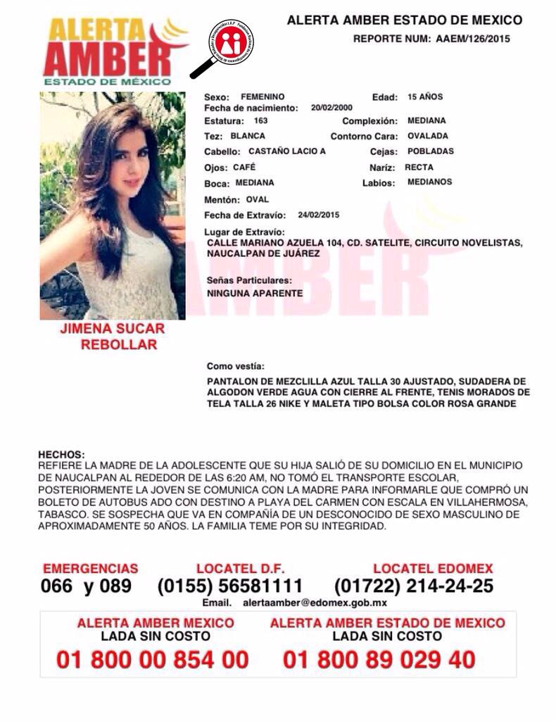 Se activa #AlertaAmberMx por la DESAPARICIÓN d JIMENA SUCAR REBOLLAR, 15 años, NAUCALPAN, EDOMEX #RT @ComSocNaucalpan