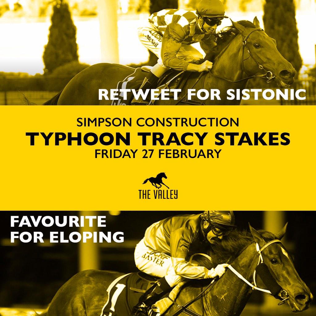 Can <a href="/blackcaviar2006/">Black Caviar</a> 3/4 sister <a href="/Sistonic1/">Sistonic</a> win the Gr 3 Typhoon Tracy <a href="/MVRC1/">Follow @TheValley</a> or will #Eloping come out on top?