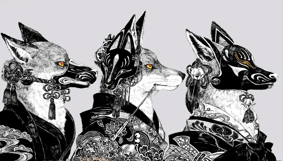 fox mask furry simple background clothed animal grey background smoking pipe  illustration images
