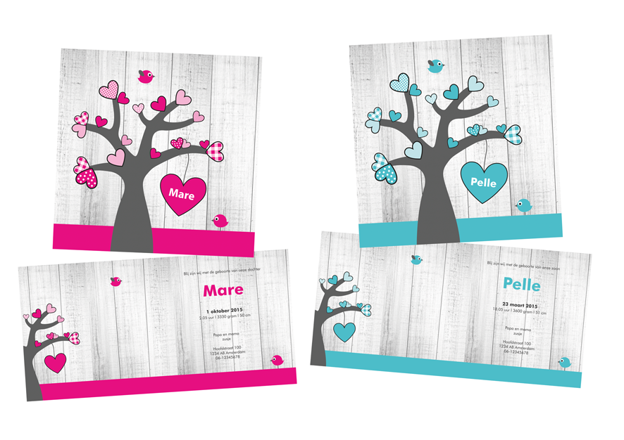 Vrolijke, hippe #geboortekaartjes van een hartjesboom, van Boefjespost. Ook op budget formaat! boefjespost.nl