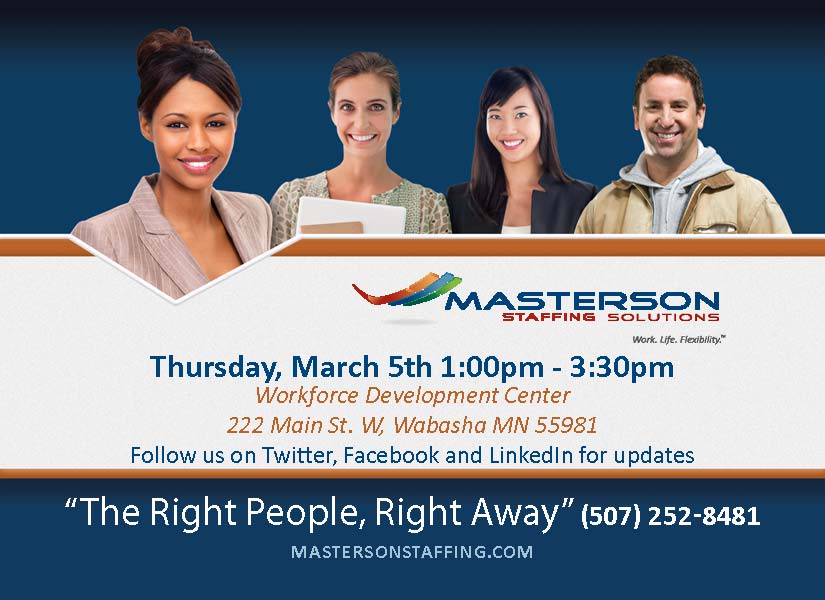 Looking for 'The Right People, Right Away' Upcoming job fair in Wabasha, MN Thursday, March 5th  #WabashaMn #Jobs