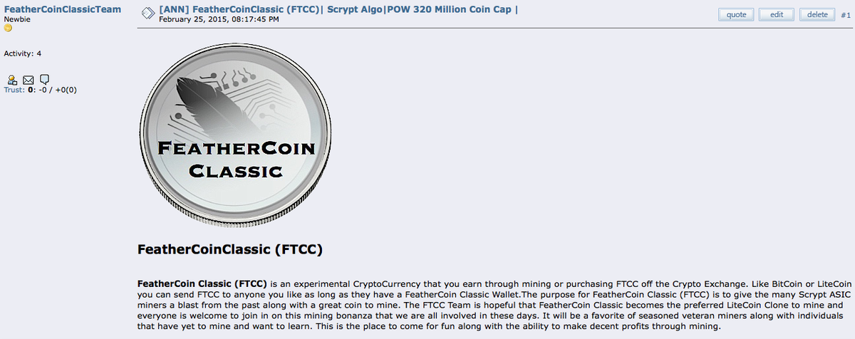 FTCCTeam's tweet image. #FeatherCoinClassic (FTCC) was launched on 2/25/2014 @bitcointalk