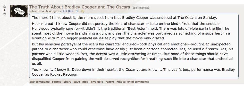 kinokults's tweet image. Pamatojums, kāpēc Oskaru vajadzēja dot Kūperam.