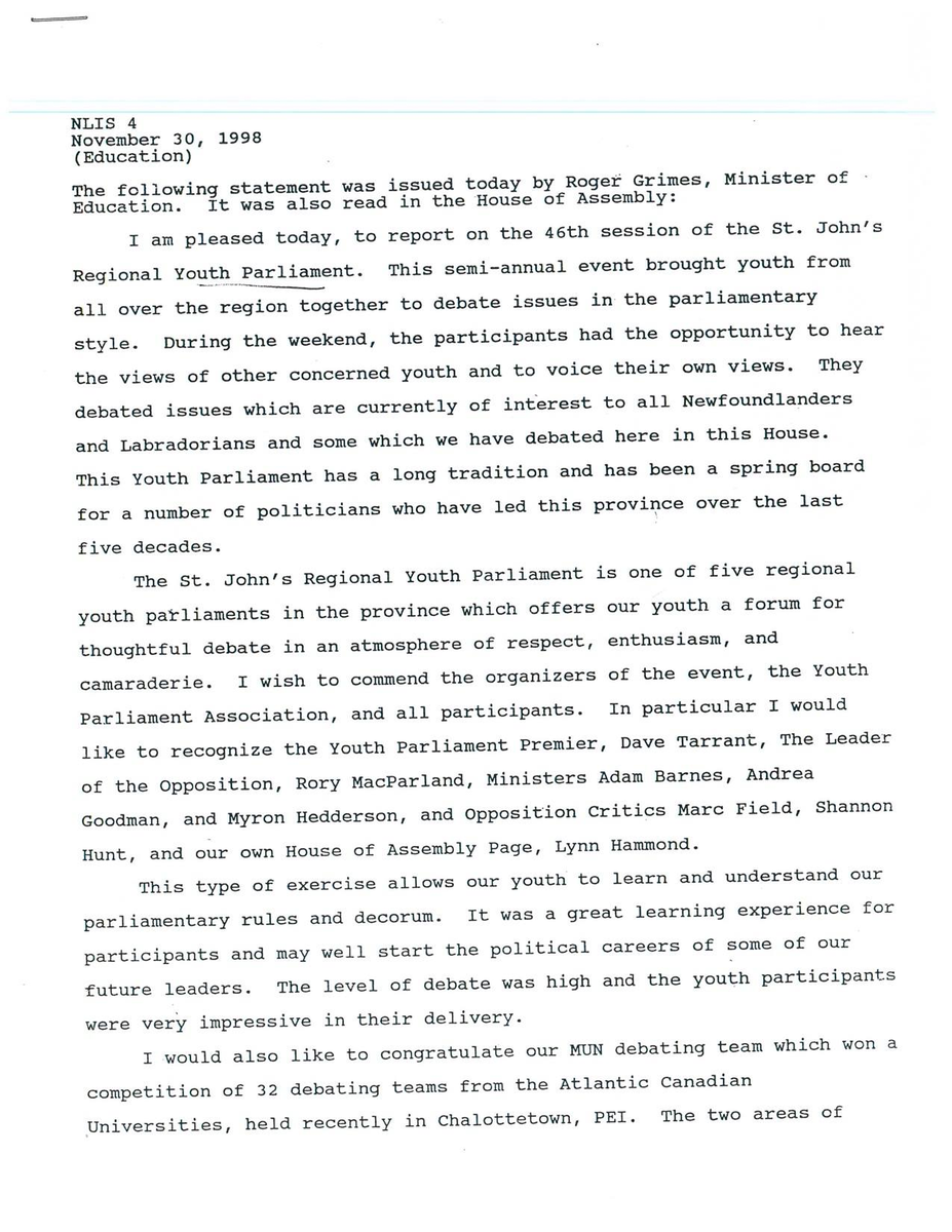 NL_YP's tweet photo. #TBT to 1998 when the Minister of Education gave recognition to @SJRYP &amp; the importance of youth parliament #nlpoli http://t.co/jTbAC08PtB