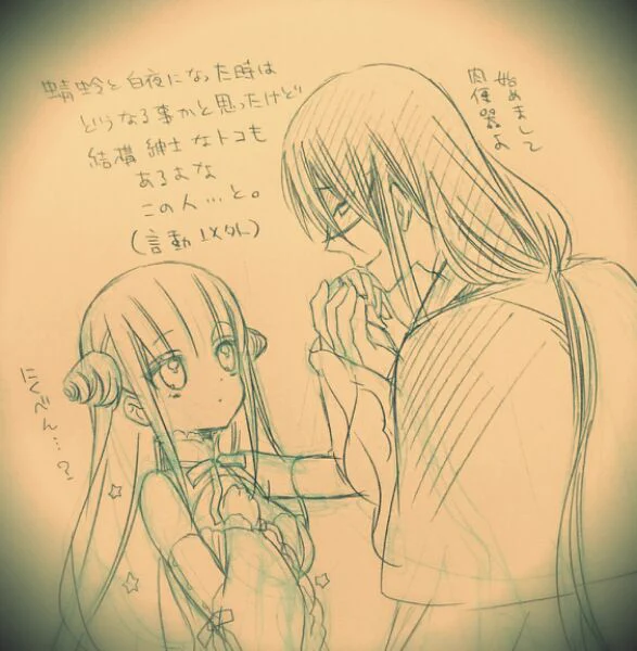 @sousakuTL   遅くなりましたが以前募集した #一番目にリプきたキャラに二番目にリプきたキャラへキスさせる このタグの蜻白らくがきですー 