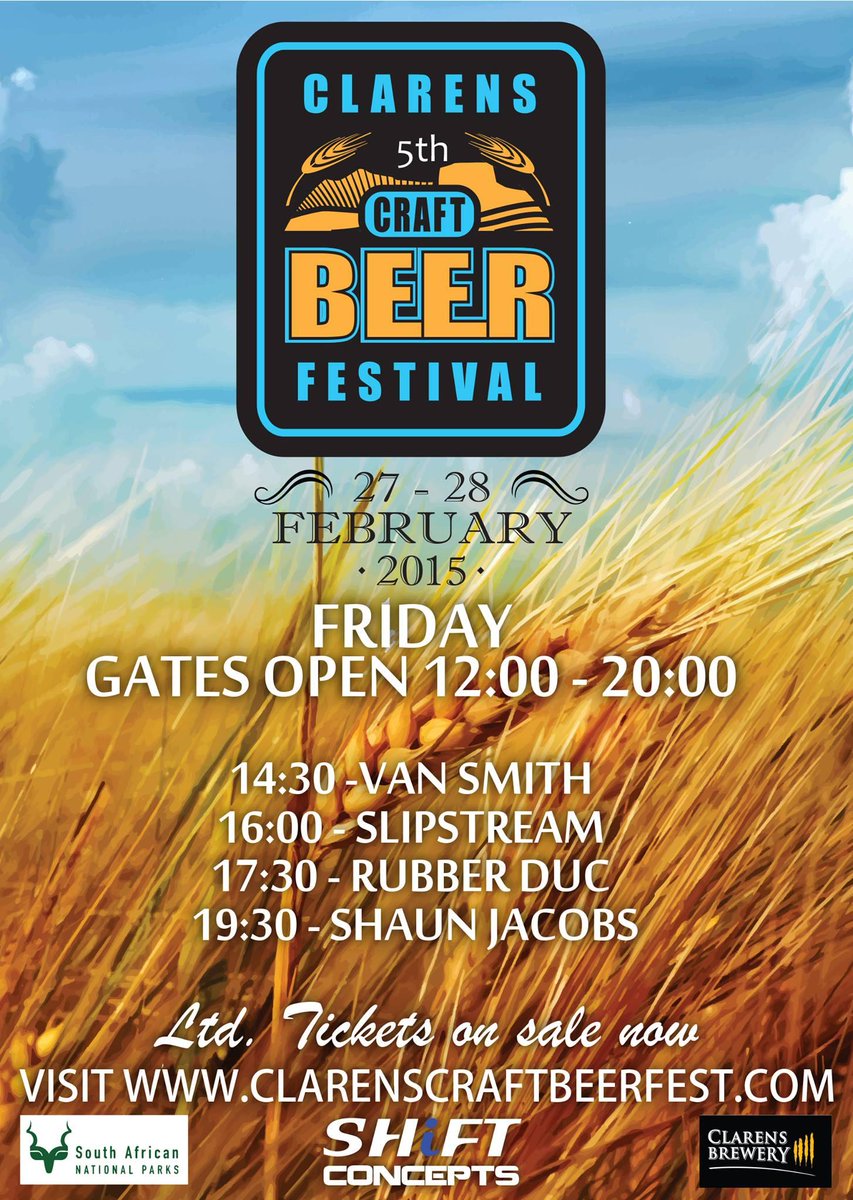IT'S HERE! Finally the <a href="/ClarensBeerFest/">Clarens Beer Fest</a> is upon us. This weekend is gonna be AWESOME! Friday line-up #ClarensMyBrew