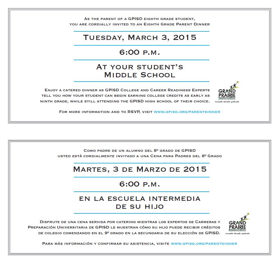 8th Grade Parent Dinner - Tues, March 3, 6 pm in the cafeteria at your child's school. Info at bit.ly/1AxaqKz